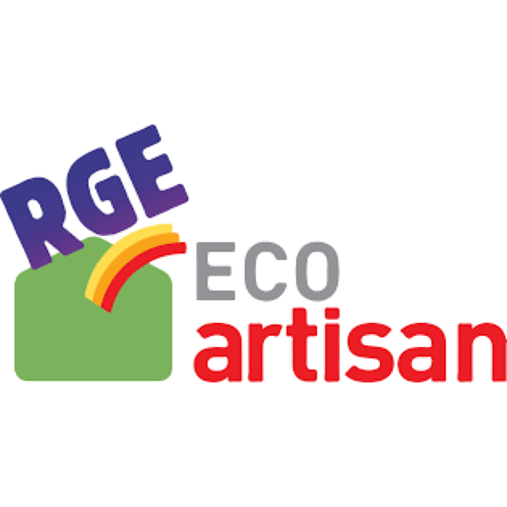 Un logo sur fond blanc, carré vert avec un arc en ciel. Logo RGE Eco artisan