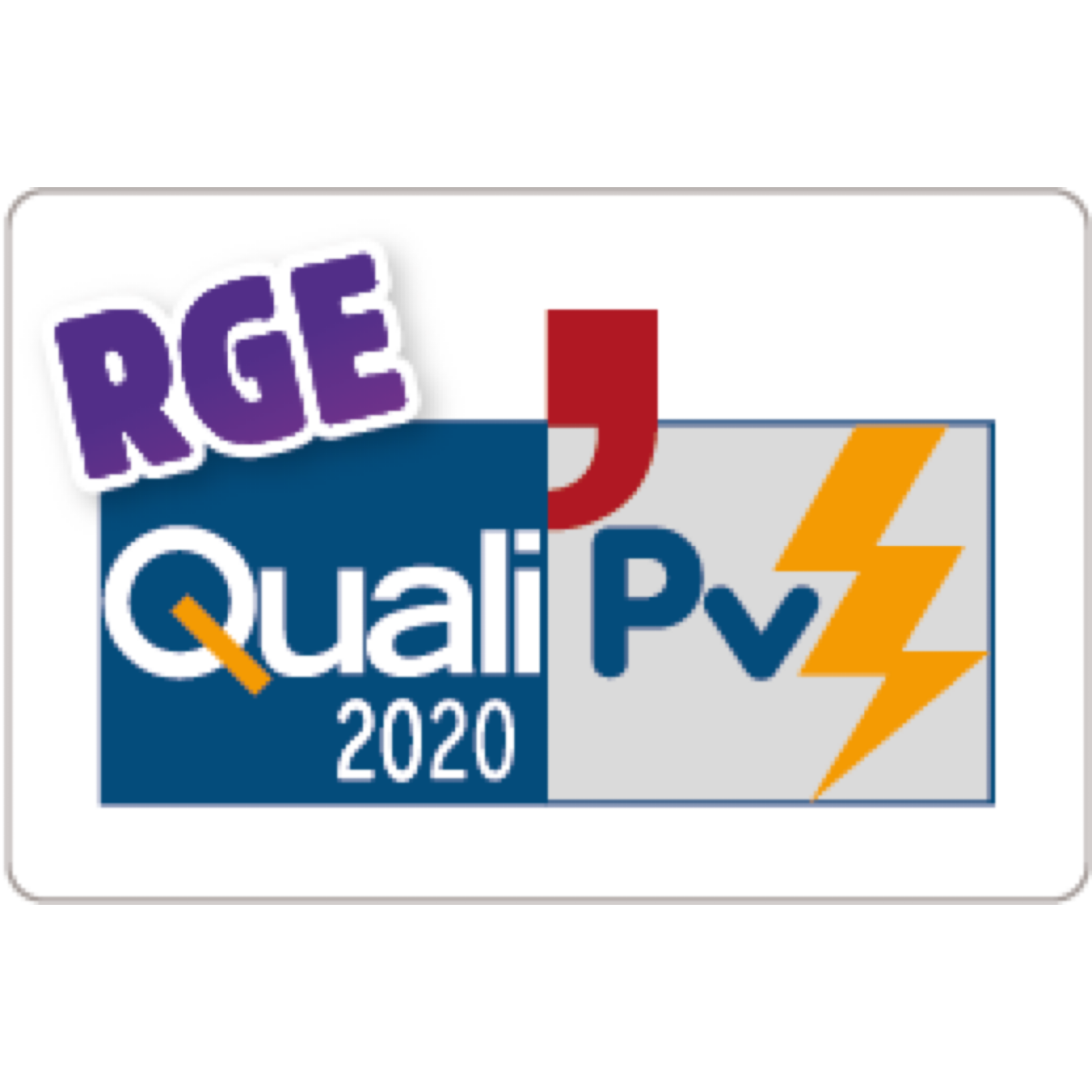 Logo blanc et bleu sur fond blanc, avec inscrit QualiPV 2020 de l'organisme RGE. Eclzir sur le côté droit